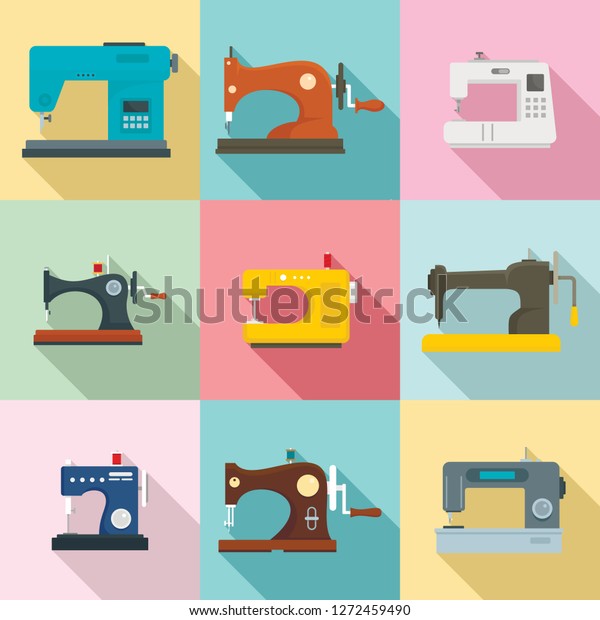 Sew machine icon set. Flat set of sew machine vector icons for web design