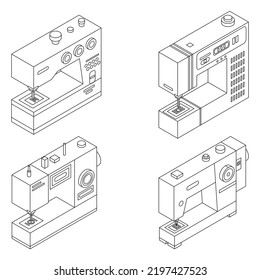 Nuevo conjunto de iconos de máquina. Conjunto isométrico de iconos vectoriales de la máquina de coser esquinan línea delgada aislada en blanco