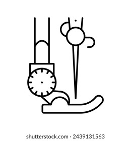 Cose la máquina, icono de línea. Máquina de coser de pie prensado y aguja. Confección, taller, taller de costura, trabajo de costurera. Ilustración lineal minimalista, trazos editables, línea delgada