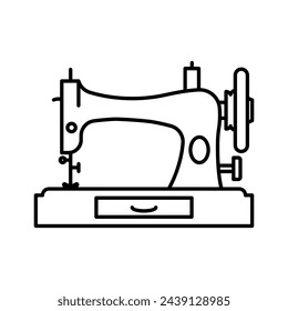 Sew machine, line icon. Vontage retro machine for a sewing clothes. Tailoring, atelier, sew workshop, seamstress work. Minimalist linear illustration, editable strokes, thin line