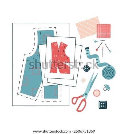 Sew patterns and tools. Accessories for atelier, dressmaker, materials for sewing. Elements for tailoring, needlework, handmade, hobby. Fashion or clothes designer concept. Vector illustration