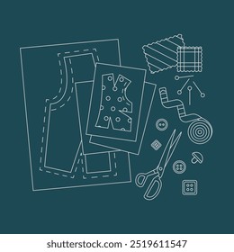 Sew patterns and tools composition in line style. Accessories for atelier, dressmaker, materials for sewing. Elements for tailoring, needlework, handmade, hobby. Outline vector illustration