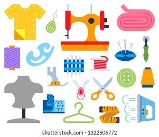 Sew simple flat cartoon style set. Fashion sign collection includes sewing machine, measuring tape, dummy, thread. Embroidery colorful icon kit. Color symbol isolated on white. Vector Illustration