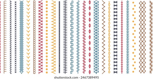 Sew stitch. Colorful seamless pattern brush embroidery thread seam, fabric sewing machine stitches line border, textile seam. Needlework	