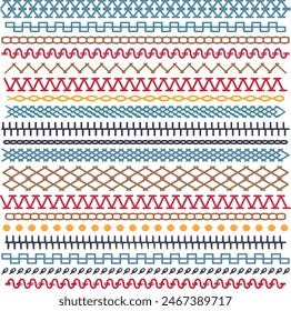 Sew stitch. Colorful seamless pattern brush embroidery thread seam, fabric sewing machine stitches line border, textile seam. Needlework	