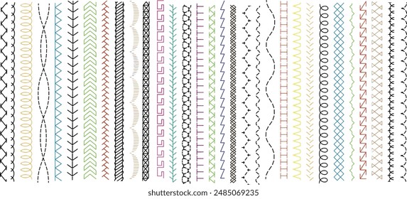 Sew stitch. Colorful seamless pattern brush embroidery thread seam, fabric sewing machine stitches line border, textile seam. Needlework	