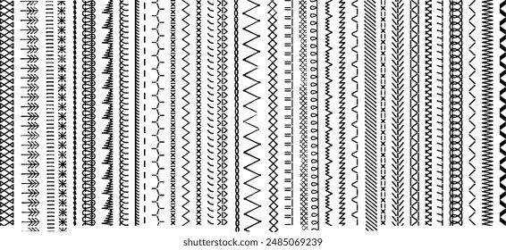 Sew stitch. Colorful seamless pattern brush embroidery thread seam, fabric sewing machine stitches line border, textile seam. Needlework	