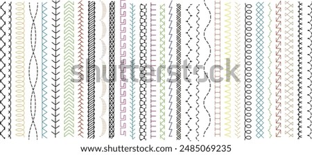 Sew stitch. Colorful seamless pattern brush embroidery thread seam, fabric sewing machine stitches line border, textile seam. Needlework	