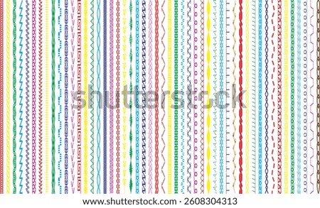 Sew stitch. Colorful seamless pattern brush embroidery thread seam, fabric sewing machine stitches line border, textile seam. Needlework