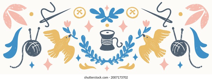 Sew, vintage elements, and sewing tools in stamp style. Vintage vector illustration for banners and cards.