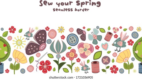Muestra tu primavera. Borde con mariposa, botón, flores y pájaro. Una textura sin igual sobre fondo transparente. Diseño de papel adhesivo, papel conducto, cinta o textil