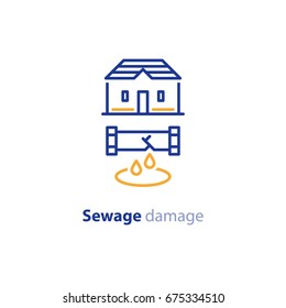 Sewage Break, Pipes Damage, Water Leakage, House Repair And Cleaning Services, Vector Line Icon