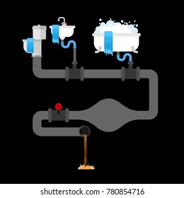 Sewage Clogged. Litter In Water Pipe. Old Pipes. Water Leak. Sewerage Is Broken. Vector Illustration