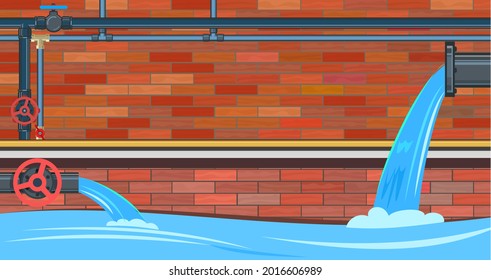 Sewage discharge. Water treatment facilities. Eco-protective structure. Drainage of dirty liquid or preparation of filtered and purified one. Brick collector. Illustration vector