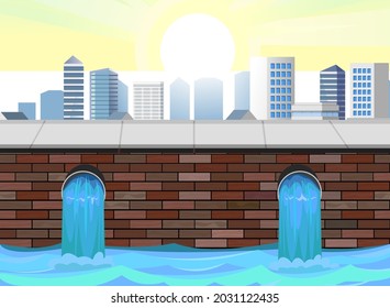 Sewage discharge. Water treatment facilities. Eco-protective structure. City pipeline. Drainage of dirty liquid or preparation of filtered and purified one. Illustration vector.