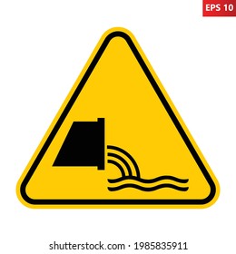 Signo de caída de efluentes de aguas residuales. Ilustración vectorial del signo de advertencia del triángulo amarillo con el icono del tubo de alcantarillado dentro. Flujo de agua descargada y material antihigiénico. Símbolo de seguridad. Precaución.