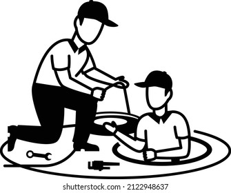 Sewage Fault Vector Icon Design, Plumber equipment Symbol, Handyman Service Works Sign, Sanitary technician Stock illustration, Sewer and Drain Cleaning Crew Concept