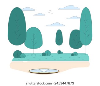 Sewage hatch on park road line cartoon flat illustration. Manhole cover on pedestrian path 2D lineart scene isolated on white background. Sewerage in city garden scene vector color image