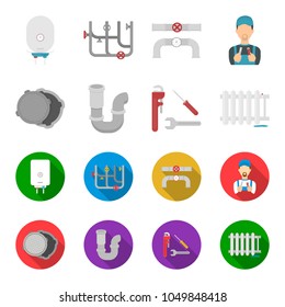 Sewage hatch, tool, radiator.Plumbing set collection icons in cartoon,flat style vector symbol stock illustration web.