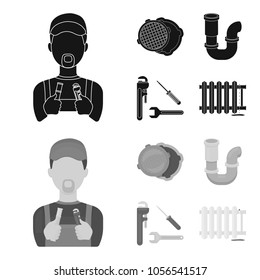Sewage hatch, tool, radiator.Plumbing set collection icons in black,monochrom style vector symbol stock illustration web.