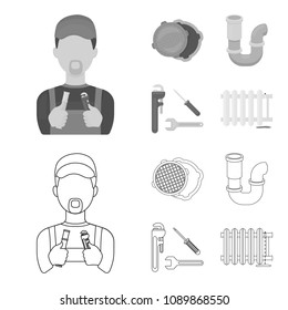 Sewage hatch, tool, radiator.Plumbing set collection icons in outline,monochrome style vector symbol stock illustration web.