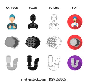 Sewage hatch, tool, radiator.Plumbing set collection icons in cartoon,black,outline,flat style vector symbol stock illustration web.