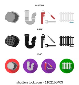 Sewage hatch, tool, radiator.Plumbing set collection icons in cartoon,black,flat style vector symbol stock illustration web.