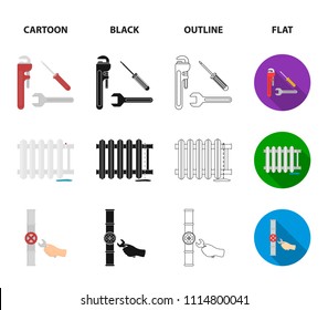Sewage hatch, tool, radiator.Plumbing set collection icons in cartoon,black,outline,flat style vector symbol stock illustration web.