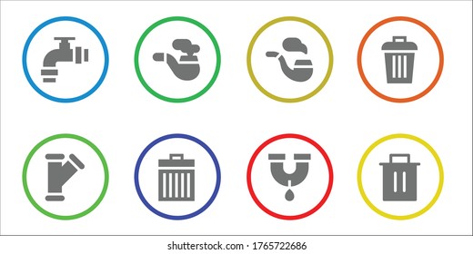 sewage icon set. 8 filled sewage icons.  Simple modern icons such as: Pipe, Trash