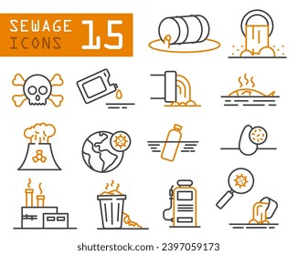 Iconos de alcantarillado. Juego de iconos para el vector de tratamiento de aguas residuales y agua. Icono de línea de contaminación. Conjunto de iconos de tratamiento de agua. Trazo editable.