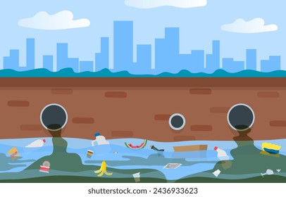 sewage pipes pouring waste water pollution industrial contamination ecology problem vector illustration