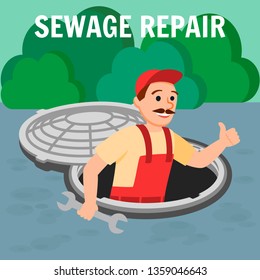 Sewage Repair Banner. Man Repairman with Spanner Instrument in Open Manhole Cover Hatch at Street Vector Illustration. Sanitary Inspection Water Sewerage System Maintenance Plumbing Service