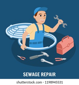 Sewage Repair. Plumbing Service. Water Supply Repair. Sewage System. Professional Repairs Plumbing with Tools. Plumber Design Concept set with Pipes Repair. Vector Illustration.