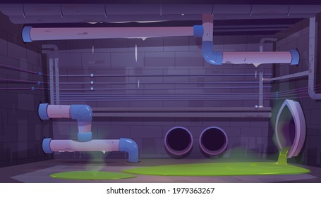 Sewage, sewer drainage pipes system. Industrial urban municipal wastewater pipeline construction with green toxic liquid dripping on floor. Basement water tubes background Cartoon vector illustration.