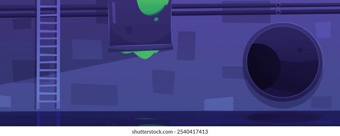 Sewage, sewer drainage pipes system. Cartoon industrial urban wastewater pipeline construction with ladder and green toxic liquid. Basement canalization tubes background vector illustration