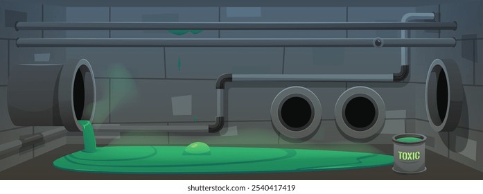 Sewage, sewer drainage pipes system. Cartoon industrial urban wastewater pipeline construction with green toxic liquid dripping on floor. Basement canalization tubes background vector illustration