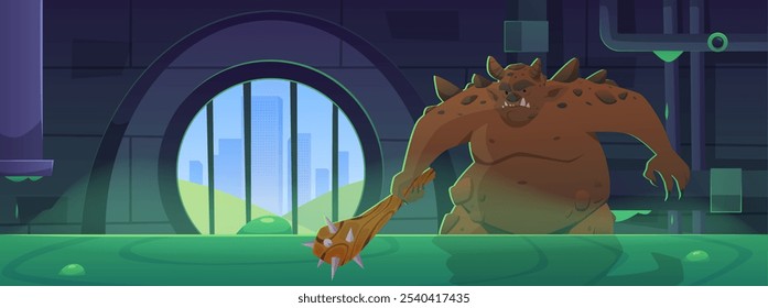 Sewage, sewer drainage pipes system with monster with club. Cartoon fantasy urban wastewater pipeline construction with green toxic liquid on floor. Basement canalization tubes vector game background