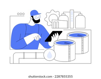 Ilustración vectorial del concepto abstracto de tratamiento de aguas residuales. El ingeniero controla la calidad de las aguas residuales, el medio ambiente ecológico, la gestión de residuos, el sistema de purificación, sin metáforas abstractas de contaminación del agua.