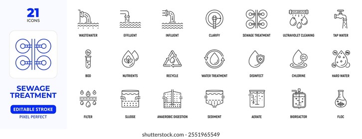 Conjunto De Ícones Da Linha De Tratamento De Esgoto, Efluente, Floc, Bioquímico, Aerar, Digestão, Curso Editável.
