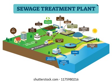 Sewage treatment plant infographic vector illustration. Clean dirty water from home to pump station, biosolids, filter, cleaners to sea or ocean. Underground pipe system.