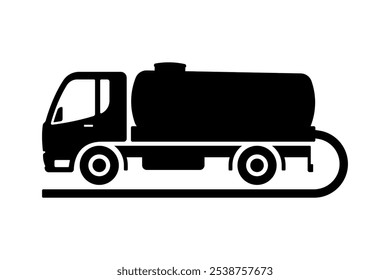 Caminhão de esgoto. Caminhão a vácuo. Silhueta preta. Vista lateral. Ilustração gráfica plana simples vetorial. Objeto isolado no plano de fundo branco. Isolar.