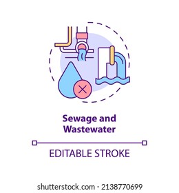 Sewage And Wastewater Concept Icon. Water Contamination Type Abstract Idea Thin Line Illustration. Domestic Dwellings. Isolated Outline Drawing. Editable Stroke. Arial, Myriad Pro-Bold Fonts Used