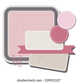 sewed  and crackled speech square patterned element for infographic with clips ribbon and rectangular and round stickers