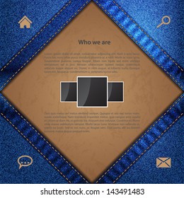 Sewed jeans website template design with grunge label background