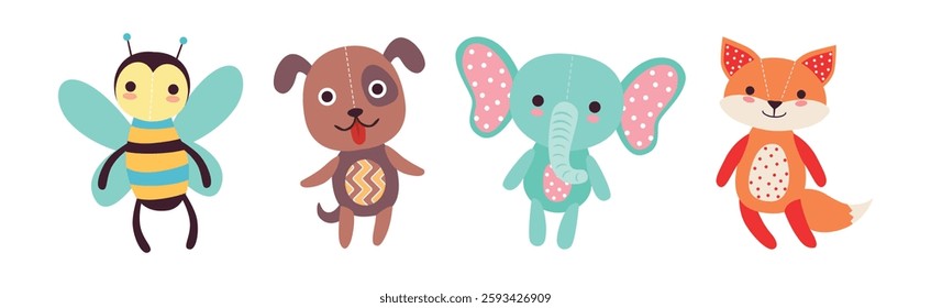 Sewed Stuffed or Fluffy Colorful Toys Vector Set