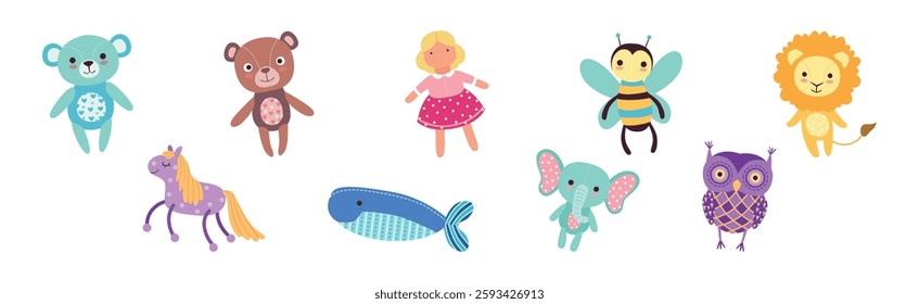 Sewed Stuffed or Fluffy Colorful Toys Vector Set