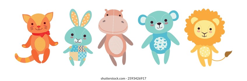 Sewed Stuffed or Fluffy Colorful Toys Vector Set