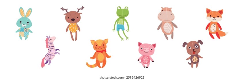 Sewed Stuffed or Fluffy Colorful Toys Vector Set