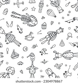 Sewed Stuffed Kids Toys Seamless Pattern. Cute Animal Dolls. Various Plastic, Wooden and Plush Toy. Baby Background. Doodle Vector illustration