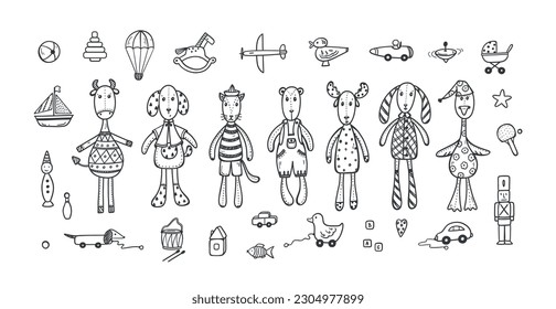 Sewed Stuffed Kids Toys Set. Cute Animal Dolls. Various Plastic, Wooden and Plush Toy Collection. Doodle Vector illustration